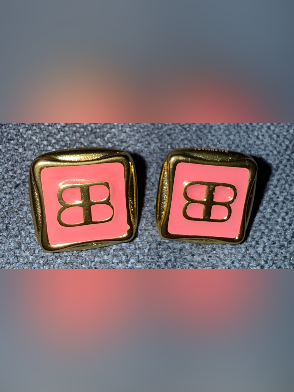 Balenciaga Gold and Pink Square Logo Clip-On Earrings